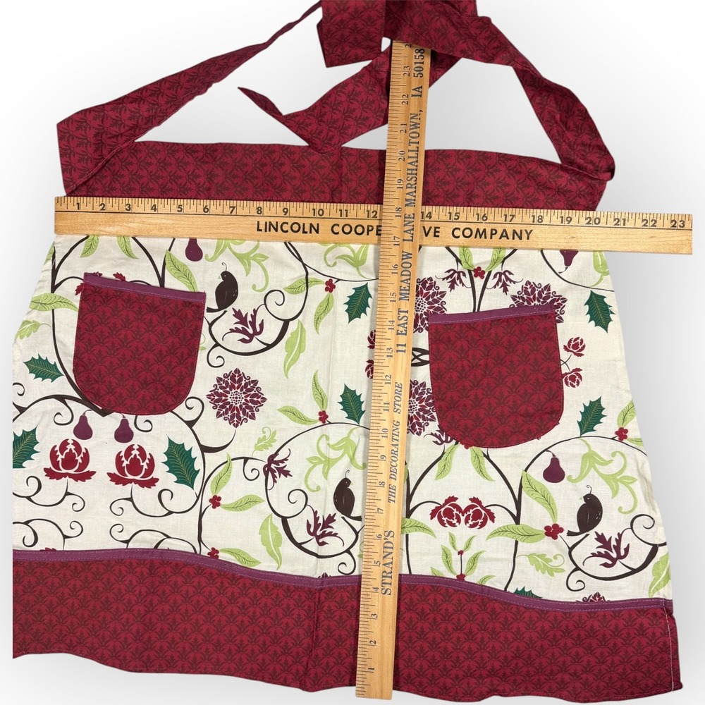 Now Designs Burgundy Christmas Partridge Bird Pear Cotton Half Apron Pockets - Picture 5 of 8